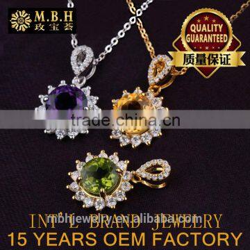 Newest 18K Gold Plated 925silver Precious Natural Purple Amethyst Yellow Citrine Green Olivine Gemstone Pendant Jewelry Necklace