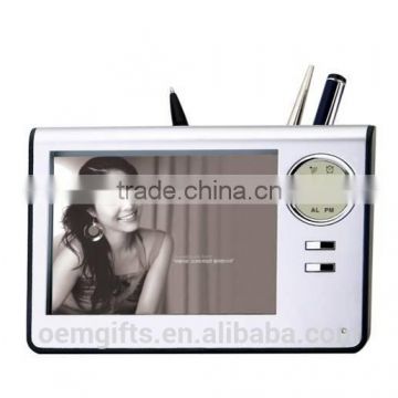 Multifunction Desktop Digital Photo Frame Alarm Clock With Pen Holder