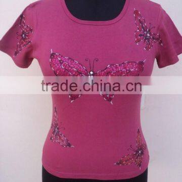 Butterfly printed design & plain dyed pink color girls wear beautiful top's & shirts / 100% hojari fabric t-shirts