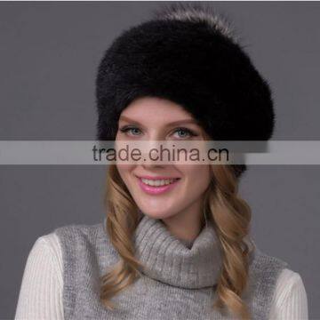 Real Knitted Mink Fur Hat With Large Silver Fox Fur Pom Poms Beanies Elegant Women Natural Fur cap