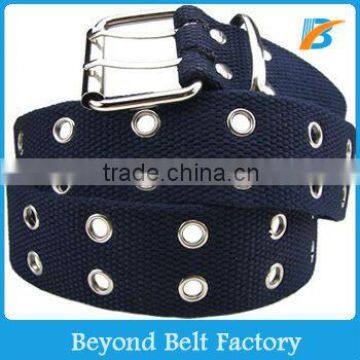 Blue Cotton Canvas Belt with Metal Eyelets and Double Pin Buckle