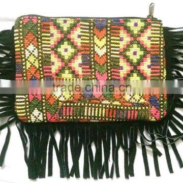 Tribal vintage banjara art clutch purse and beautiful leather fringes multi color embroidery Hippie Gypsy small wallet