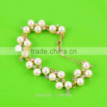 Fashion Womens Gold Plated Crystal Pearls Sweet Cuff Charm Bracelet Jewelry Gift photo-2