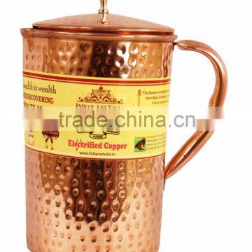 IndianArtVilla Pure Copper Hammered Jug Pitcher with Lid 2100 ML - Storage Drinking Water Home Hotel Restaurant Benefit Yoga