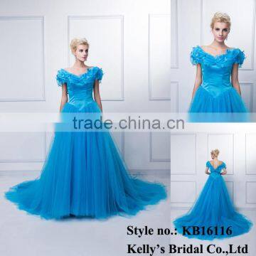 2015 hot selling ball gown blue cap sleeve flower ladies long sexy ladies western wear evening dress party gown