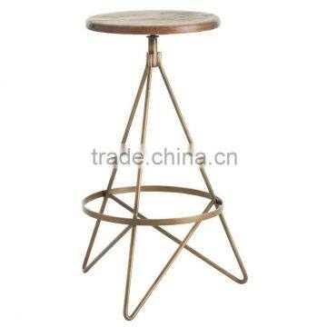 Industrial Design Rod stool, Golden metal Bar Stool with wood top,