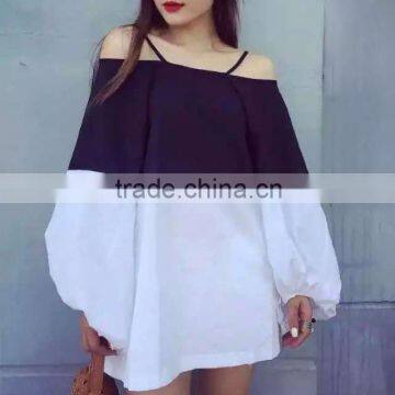 Sexy halter slash neck off shoulder T-shirt female dress sweet lantern sleeve hit color