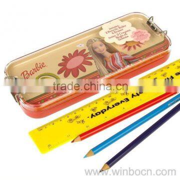 Two layers tin pencil case with sliding buckle and plastic cover