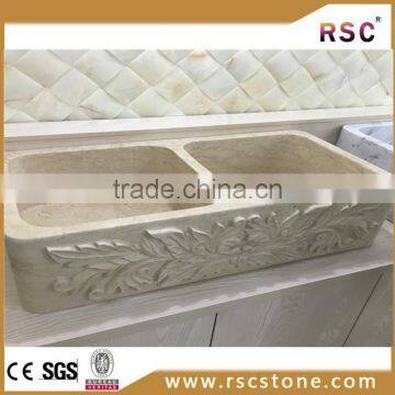 Crema Marfil Beige Marble Flowered Carved Rectangle Sink