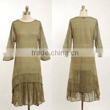 linen long dress O Neck Ruffle Tierd Layer full length dresses long sleeves