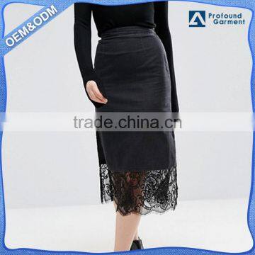 wholesale china manufacturer washed black denim skirt with lace hemp split sides dresses women