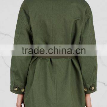 Wholesale Ladies Apparel Dropped Shoulders Army Green Cotton and Linen Blend Coat(DQE0359C) photo-2