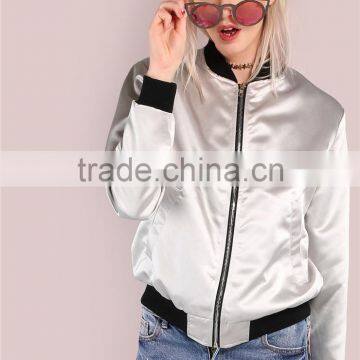 Women Satin Zip Up Jacket Sleek Metallic Bomber Jacket Silver Ribbing Trim Outwear With Side Pockets photo-4