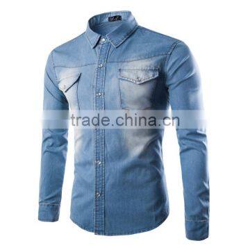 partial bleaching blue denim men shirts