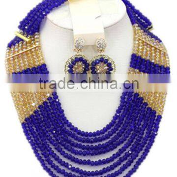 8Layers Blue Champagne Crystal Beads Brooch African Jewelry Set