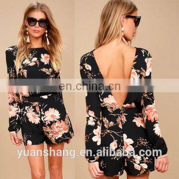 2017 Black Floral Print Backless Summer Women Romper