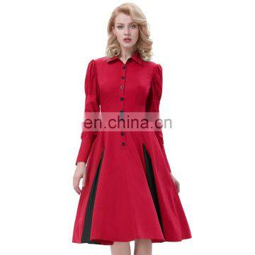 Belle Poque Victorian Style Long Sleeve Shirt Collar Contrast Color Red Retro Vintage Swing Dress BP000366-2