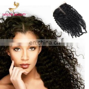 Qingdao WHOLESALE PRICE 100% brazilian human virgin 9A FREE PART hair lace closure in kinky curly cuticle aligned hair