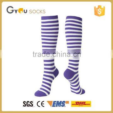 Knee high women solid purple white stripes cotton warm socks