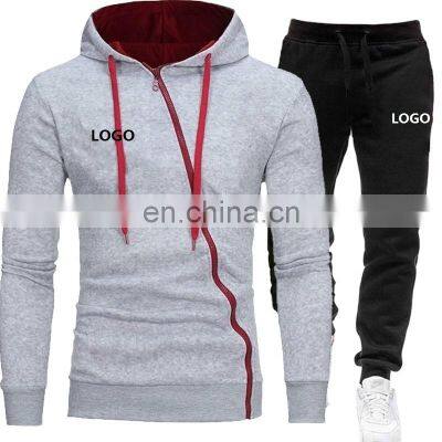 Wholesale custom men's brand clothes spring / autumn long-sleeved hooded casual sports oblique zipper sports jogging suit