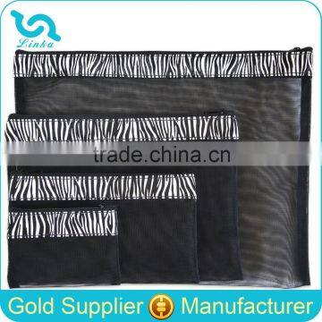 Multi Purpose 4 Pcs Mesh Bag Set Travel Cosmetics Organizer Business Card Organizer With Zebra Leather Trim