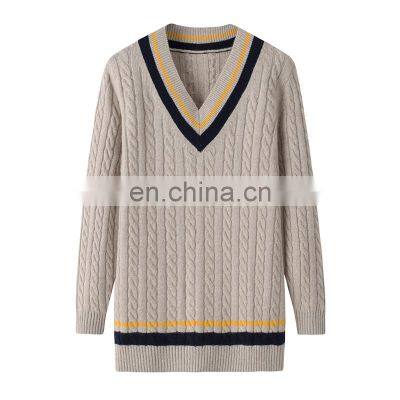 Women's 100% Cashmere Cable Knit Long Pullover Winter Warm V-Neck Sweater Thick Casual Style Solid Pattern