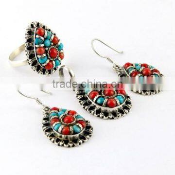 Fabulous !! Two Tone Stone Coral_Turquoise 925 Sterling Silver Jewelry Set, 925 Silver Set For Beautiful Neck And Ear