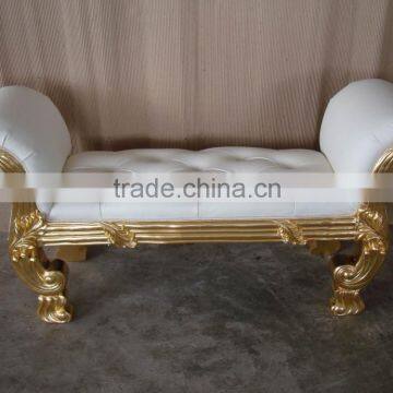 Gold carving frame soft white leather sofa bench A009