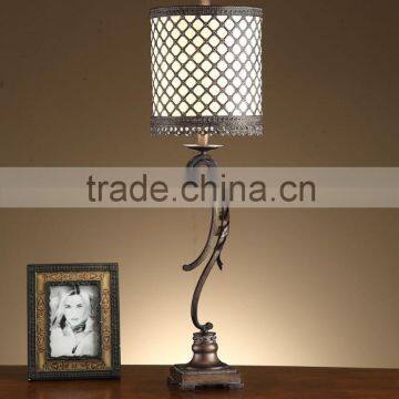 Traditional scroll metal table lamp, openwork metal shade