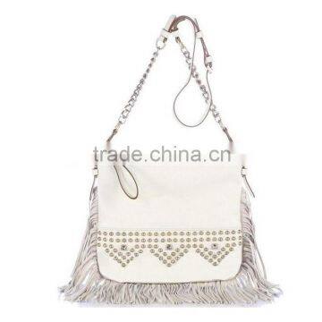 White leather handbag woman beaded fringe handbag long chain handbag (HD25-028)