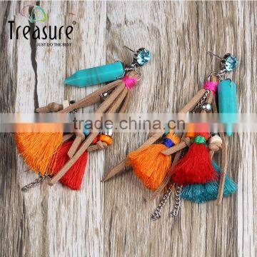 Fashion multicolor crystal studd tassel acrylic wooden beads drop earing valentine's day gift 2016