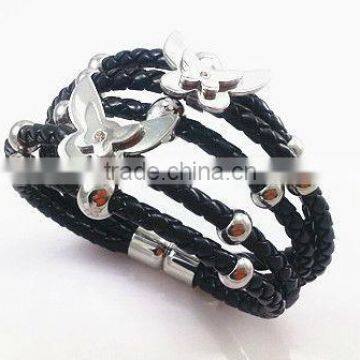 YB256 Fashion stainless steel bracelets& real leather chain