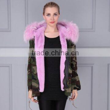 Latest style short winter camouflage purple jacket fashion parka fabric cotton shell fur blending casual parka turmeric color