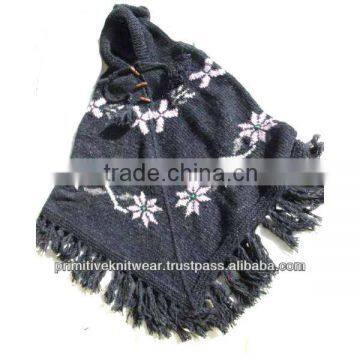 Flower crocheted woolen poncho