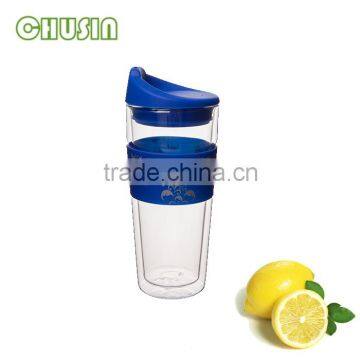 Popular double wall glass coffee cup/milk mug/tea cup with silicone lid and silicone sleeve