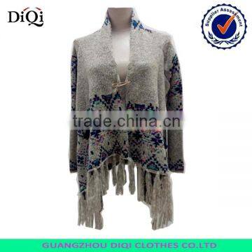 Ladies elegant multi color knitted cardigan with fringes