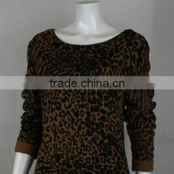 Ladies' Scoop Neck Long Sleeve Pullover Knitted Sweater With Piece Dyed & Leopard Print photo-3