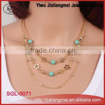 Fashion simple turquoise crystal beads pentagram gold beads beaded pendant multilayer necklace