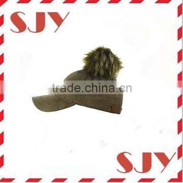 Women's Faux Leather Fur Pom Pom Adjustable Baseball Cap photo-3