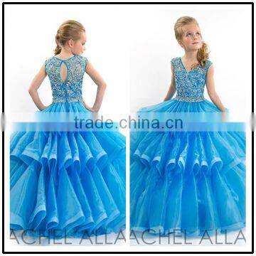 Blue V Neck Ball Gown Custom Made Vestidos Flower Little Girl for Wedding Party TF014 baby flower girl dress patterns