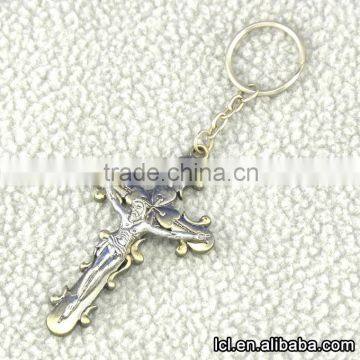 Stainless steel cross pendant keychain, hot sale imitate silver christian cross keychain