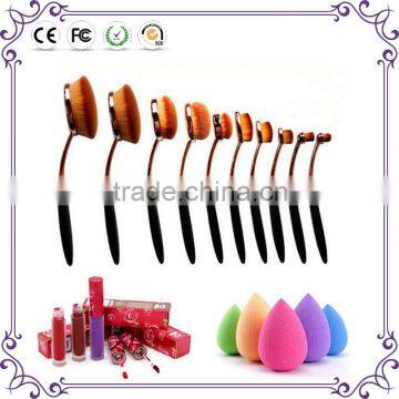 Cheap hot classsic style! 10pcs per set rose gold oval make up brush set with carton box