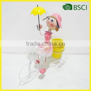 YS15992 metal doll riding a bicycle with flower pot umbrella for garden decoration