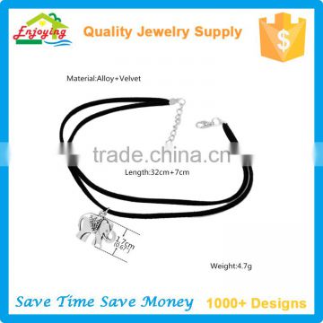 Hot sale fashion leather chocker necklace jewelry with alloy elephant pendant