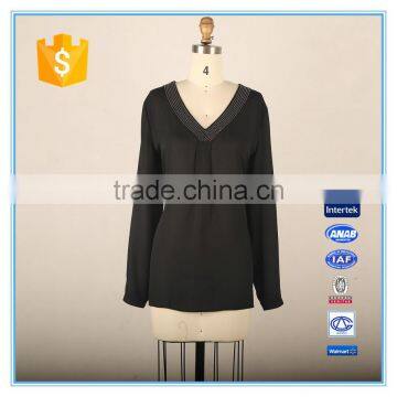 Black Simple Beaded Design Ladies New Fashion V Neck Chiffon Blouse 2016