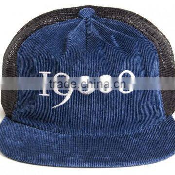 Custom Corduroy Blank Cap Navy Corduroy Flat Brim Snapback Trucker Cap photo-2