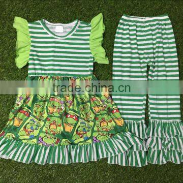 2016 Summer Girls Clothes green stripe Kids Top Suits T shirt + Capri Pants 2 PCS Boutique Short Baby Girls Clothing Sets