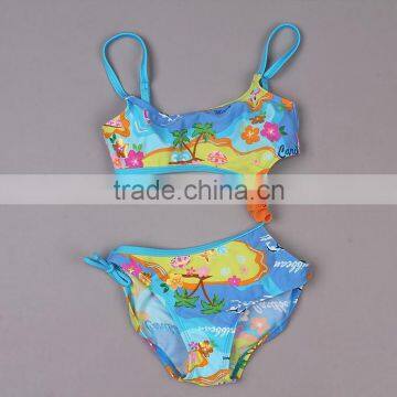 Newest Designer Summer Girls Bikini Light Blue Polyester And Lycra Beach Flower Printed Two-piece Bikini SR40417-4