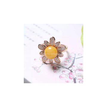 Neffly Jewelry Natural Beeswax Yellow Chanterelles 9 mm Inlaid Flower Ring, S925 Silver Plated With Gold Inlaid Rose Diamond Accessories. photo-1