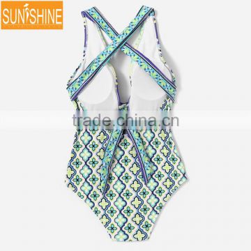 Floral Zigzag Crisscross OEM Printed Women One Piece Swimsuit Swimwear